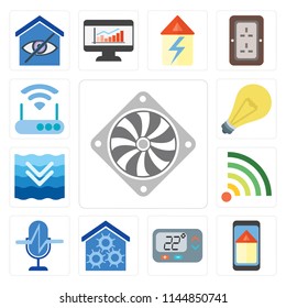 Set Of 13 simple editable icons such as Cooler, Smart home, Thermostat, Voice control, Wifi, Deep, Light, Modem, web ui icon pack