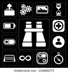 Set Of 13 simple editable icons such as Binoculars, Compass, Switch, Infinity, Calendar, User, Add, Battery on black background