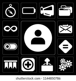 Set Of 13 simple editable icons such as User, Settings, Upload, Add, Bookmark, Equal, Switch, Send, Infinity on black background