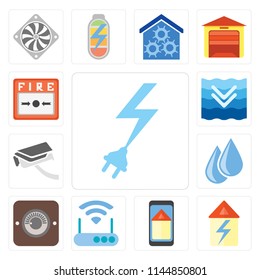 Set Of 13 simple editable icons such as Power, Home, Smart home, Modem, Dimmer, Water, Security camera, Deep, Fire alarm, web ui icon pack