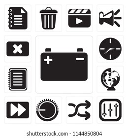 Set Of 13 simple editable icons such as Battery, Controls, Shuffle, Volume control, Fast forward, Worldwide, Note, Clock, Close, web ui icon pack