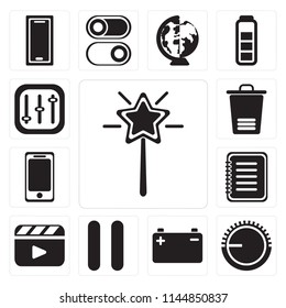 Set Of 13 simple editable icons such as Magic wand, Volume control, Battery, Pause, Video player, Note, Smartphone, Trash, Controls, web ui icon pack