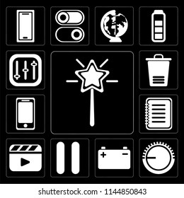 Set Of 13 simple editable icons such as Magic wand, Volume control, Battery, Pause, Video player, Note, Smartphone, Trash, Controls on black background
