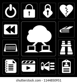 Set Of 13 simple editable icons such as Cloud computing, Id card, Speaker, Video player, Notepad, Binoculars, Calendar, Notebook, Rewind on black background