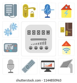 Set Of 13 simple editable icons such as Meter, Panel, Dashboard, Remote, Voice control, Automation, Thermostat, Doorbell, Temperature, web ui icon pack