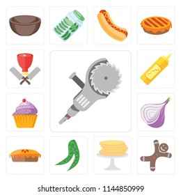 Set Of 13 simple editable icons such as Grinder, Gingerbread, Pancakes, Peas, Pie, Onion, Cupcake, Mustard, Butcher, web ui icon pack