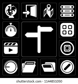 Set Of 13 simple editable icons such as, Forbidden, Folder, Volume control, Stop, Video player, Menu, Stopwatch on black background