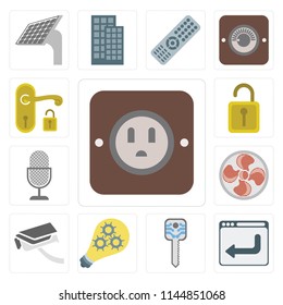 Set Of 13 simple editable icons such as Plug, Browser, Smart key, Smart, Security camera, Fan, Voice control, Unlock, Handle, web ui icon pack