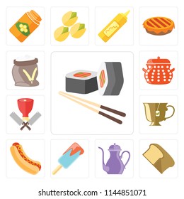 Set Of 13 simple editable icons such as Sushi, Bread, Teapot, Ice cream, Hot dog, Tea, Butcher, Pot, Flour, web ui icon pack