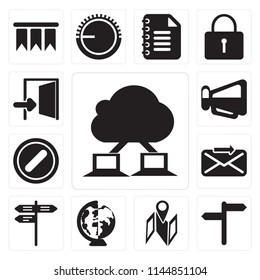 Set Of 13 simple editable icons such as Cloud computing, , Map, Worldwide, Street, Send, Forbidden, Megaphone, Exit, web ui icon pack