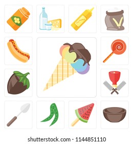 Set Of 13 simple editable icons such as Ice cream, Bowl, Peas, Spoon, Butcher, Hazelnut, Jawbreaker, Hot dog, web ui icon pack