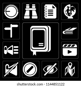 Set Of 13 simple editable icons such as Notebook, Map, Hide, Forbidden, Muted, Video player, Speaker, on black background