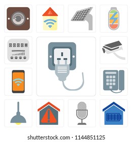 Set Of 13 simple editable icons such as Plug, Smart home, Voice control, Lighting, Dial, Mobile, Security camera, Meter, web ui icon pack