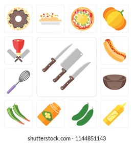 Set Of 13 simple editable icons such as Knives, Mustard, Cucumber, Honey, Pepper, Bowl, Whisk, Hot dog, Butcher, web ui icon pack