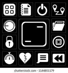 Set Of 13 simple editable icons such as Frame, Rewind, Notification, Dislike, Stopwatch, Stop, Locked, Folder, Volume control on black background
