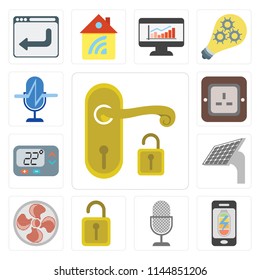 Set Of 13 simple editable icons such as Handle, Mobile phone, Voice control, Unlock, Fan, Panel, Thermostat, Plug, web ui icon pack