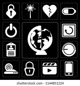 Set Of 13 simple editable icons such as Worldwide, Smartphone, Video player, Locked, Wireless internet, Volume control, Id card, Restart, Switch on black background