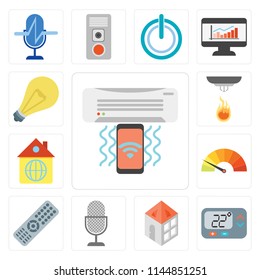 Set Of 13 simple editable icons such as Air conditioner, Thermostat, Home, Voice control, Remote, Meter, Sensor, Light, web ui icon pack