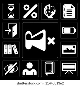 Set Of 13 simple editable icons such as Mute, Television, Notebook, User, Hide, Photos, Archive, Battery, Exit on black background