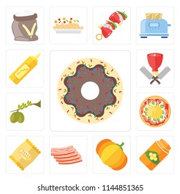 Set Of 13 simple editable icons such as Doughnut, Honey, Pumpkin, Bacon, Chips, Pizza, Olives, Butcher, Mustard, web ui icon pack