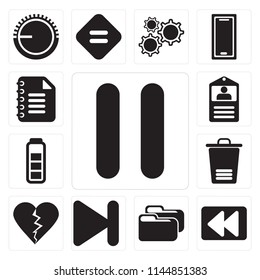 Set Of 13 simple editable icons such as Pause, Rewind, Folder, Next, Dislike, Trash, Battery, Id card, Notepad, web ui icon pack