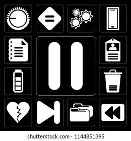 Set Of 13 simple editable icons such as Pause, Rewind, Folder, Next, Dislike, Trash, Battery, Id card, Notepad on black background