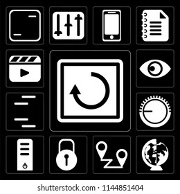 Set Of 13 simple editable icons such as Restart, Worldwide, Placeholders, Locked, Server, Volume control, Lines, View, Video player on black background