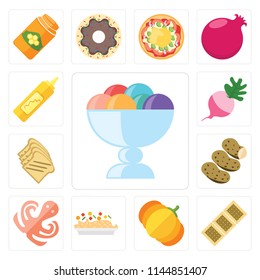 Set Of 13 simple editable icons such as Ice cream, Biscuit, Pumpkin, Risotto, Octopus, Potatoes, Toast, Radish, Mustard, web ui icon pack
