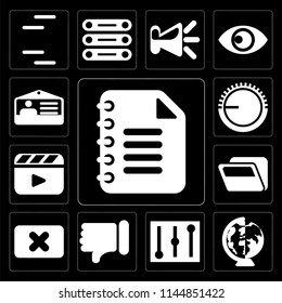 Set Of 13 simple editable icons such as Notepad, Worldwide, Controls, Dislike, Close, Folder, Video player, Volume control, Id card on black background