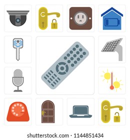 Set Of 13 simple editable icons such as Remote, Handle, Laptop, Door, Dial, Temperature, Voice control, Panel, Smart key, web ui icon pack
