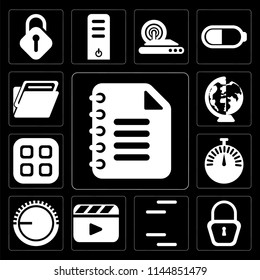 Set Of 13 simple editable icons such as Notepad, Locked, Lines, Video player, Volume control, Stopwatch, Menu, Worldwide, Folder on black background
