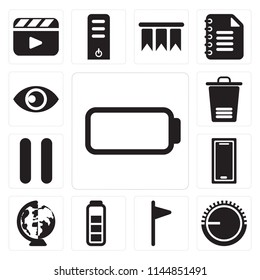 Set Of 13 simple editable icons such as Battery, Volume control, Flag, Worldwide, Smartphone, Pause, Trash, View, web ui icon pack