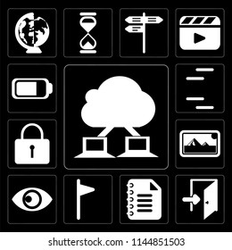 Set Of 13 simple editable icons such as Cloud computing, Exit, Notepad, Flag, View, Photos, Locked, Lines, Battery on black background