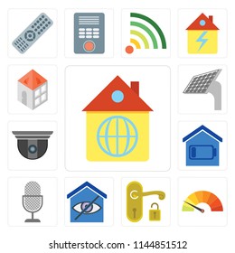 Set Of 13 simple editable icons such as Home, Meter, Handle, Smart home, Voice control, Security camera, Panel, web ui icon pack