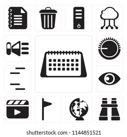 Set Of 13 simple editable icons such as Calendar, Binoculars, Worldwide, Flag, Video player, View, Lines, Volume control, Speaker, web ui icon pack
