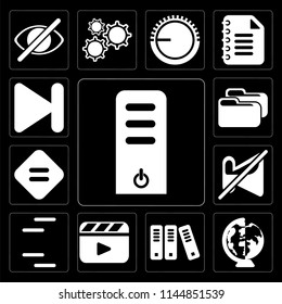 Set Of 13 simple editable icons such as Server, Worldwide, Archive, Video player, Lines, Muted, Equal, Folder, Next on black background