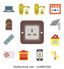 Set Of 13 simple editable icons such as Plug, Temperature, Mobile phone, Garage, Air conditioner, Home, Remote, Panel, Door, web ui icon pack