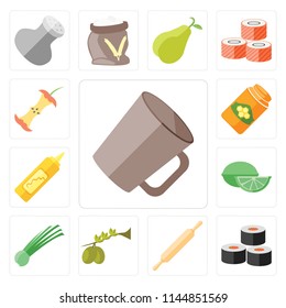 Set Of 13 simple editable icons such as Mug, Sushi, Rolling pin, Olives, Chives, Lime, Mustard, Honey, Apple, web ui icon pack