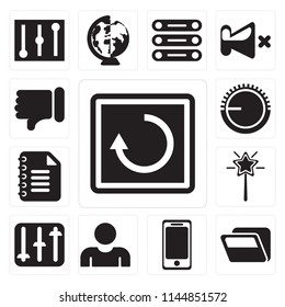 Set Of 13 simple editable icons such as Restart, Folder, Smartphone, User, Controls, Magic wand, Notepad, Volume control, Dislike, web ui icon pack