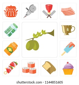 Set Of 13 simple editable icons such as Olives, Cupcake, Bread, Sushi, Kebab, Ice cream, Honey, Tea, Pickles, web ui icon pack