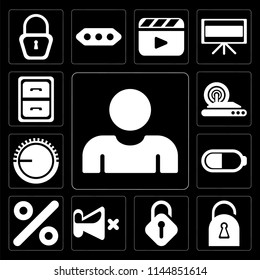 Set Of 13 simple editable icons such as User, Locked, Unlocked, Mute, Percent, Battery, Volume control, Wireless internet, Archive on black background