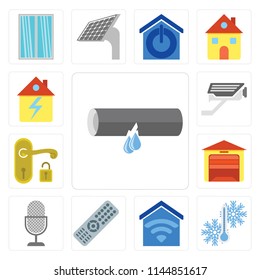 Set Of 13 simple editable icons such as Leak, Temperature, Smart home, Remote, Voice control, Garage, Handle, Cctv, Home, web ui icon pack