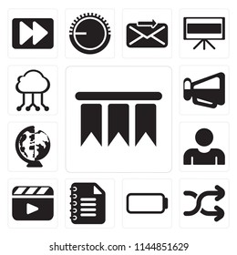 Set Of 13 simple editable icons such as Bookmark, Shuffle, Battery, Notepad, Video player, User, Worldwide, Megaphone, Cloud computing, web ui icon pack