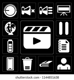 Set Of 13 simple editable icons such as Video player, User, Notebook, Trash, Smartphone, Notepad, Battery, Pause, Worldwide on black background