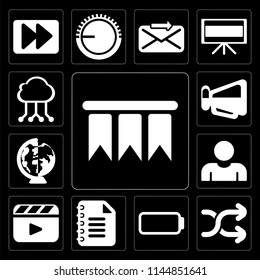 Set Of 13 simple editable icons such as Bookmark, Shuffle, Battery, Notepad, Video player, User, Worldwide, Megaphone, Cloud computing on black background