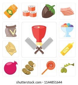 Set Of 13 simple editable icons such as Butcher, Olives, Jawbreaker, Potatoes, Pomegranate, Mustard, Toast, Ice cream, Flour, web ui icon pack
