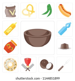 Set Of 13 simple editable icons such as Bowl, Fork, Coconut, Butcher, Doughnut, Pudding, Jam, Water, Mustard, web ui icon pack