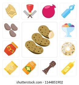 Set Of 13 simple editable icons such as Potatoes, Mustard, Pepper, Honey, Chips, Doughnut, Jam, Ice cream, web ui icon pack