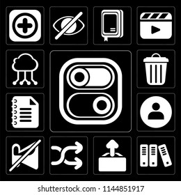 Set Of 13 simple editable icons such as Switch, Archive, Upload, Shuffle, Muted, User, Notepad, Garbage, Cloud computing on black background