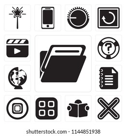 Set Of 13 simple editable icons such as Folder, Multiply, Reading, Menu, Stop, Notepad, Worldwide, Help, Video player, web ui icon pack